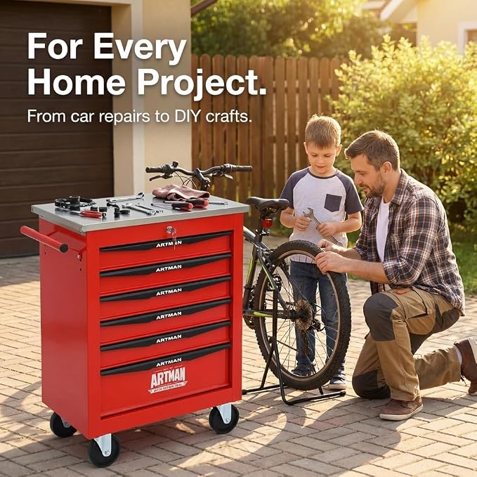 6-Drawer Rolling Tool Chest, Lockable Stainless Worktop for Garage, Red | Heavy Duty Metal Tool Cabinet with Drawers on Wheels for Warehouse and Workshop Storage