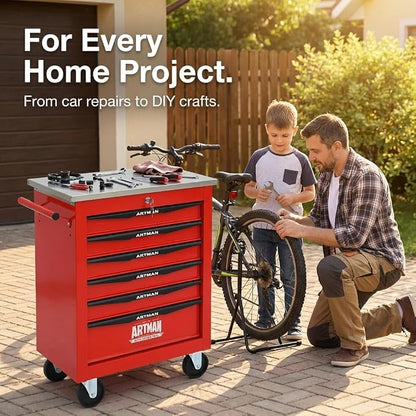 6-Drawer Rolling Tool Chest, Lockable Stainless Worktop for Garage, Red | Heavy Duty Metal Tool Cabinet with Drawers on Wheels for Warehouse and Workshop Storage