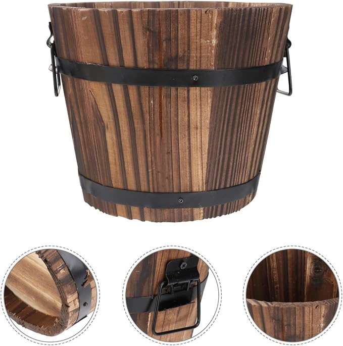 DOITOOL Rustic Wooden Barrel Planter: Wood Whiskey Barrel Bucket Flower Pots Indoor Outdoor Plants Boxes Container for Home Garden Patio Backyard - 7.08 x 5.9 x 5.1 inches (Large)