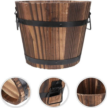 Wooden Barrel Flower Pot - Rustic Planter for Indoor & Outdoor Use with Drainage Holes - 7 Inch Brown Planter for Decorative Plants & Vegetables