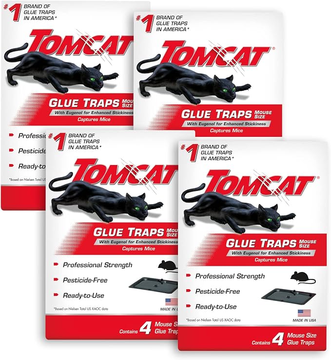 Tomcat Glue Traps Mouse Size with Eugenol for Enhanced Stickiness, 16 Traps | Sticky Pads For Mice, Cockroaches, and Spiders, 4 Packages with 4 Glue Traps Each