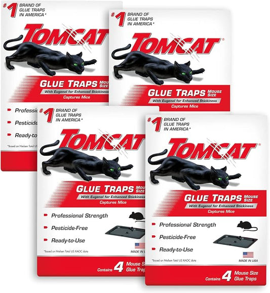 Tomcat Glue Traps Mouse Size with Eugenol for Enhanced Stickiness, 16 Traps | Sticky Pads For Mice, Cockroaches, and Spiders, 4 Packages with 4 Glue Traps Each
