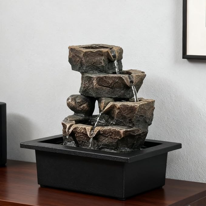Indoor Tabletop Rock Waterfall Fountain with Warm Light & Stacked Stone for Home Office Desk Decor, Zen Resin Water Feature for Relaxation