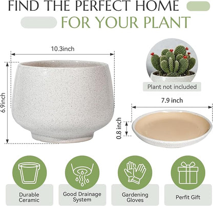 10.3 Inch Flower pots for Indoor Outdoor Plants with Saucer Drainage Leak-Proof Mesh, Ceramic Planter with Gardening Gloves for Succulent and Flower (Matte White)