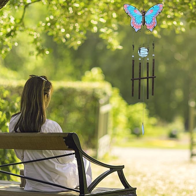MUMTOP Butterfly Wind Chimes for Outside, Stained Glass Wind Chime Windchimes for Patio, Outdoor,Garden,Yard,Coastal,Window,Home Decor or Gifts for Women(Blue & Red)