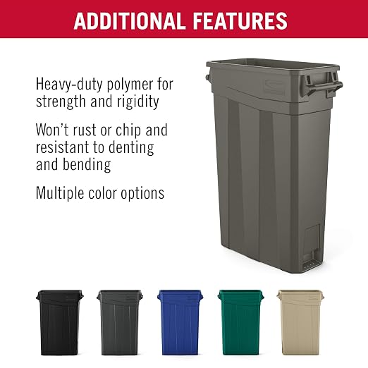 Suncast Commercial 23-Gallon Narrow Trash Can with Handles - Durable Garbage Can, Gray, Made in the USA