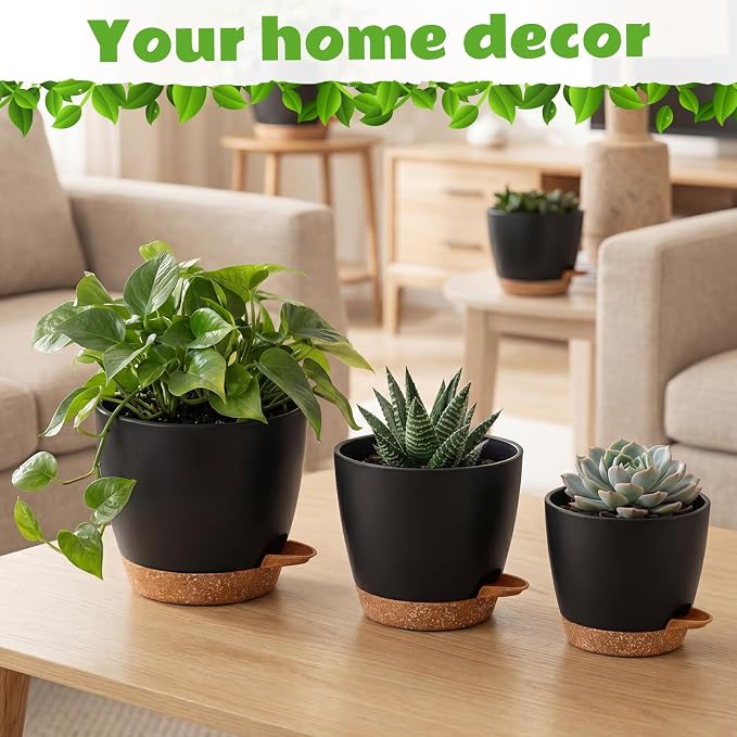 Remerry 15 Pcs 7/6.5/6/ 5.5/5 Inch Self Watering Planters with Drainage Hole Plant Pots Plastic Flower Pots Self Watering Pot and Saucer Reservoir for Garden Plant Flower(Black)