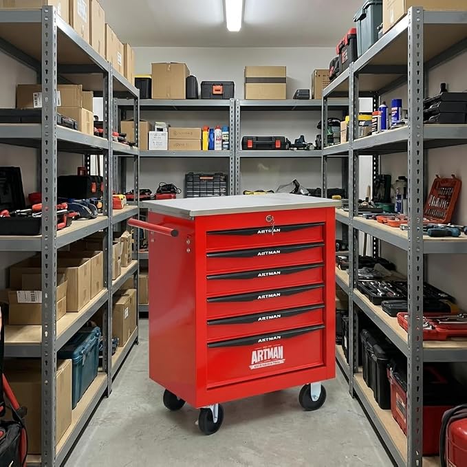 6-Drawer Rolling Tool Chest, Lockable Stainless Worktop for Garage, Red | Heavy Duty Metal Tool Cabinet with Drawers on Wheels for Warehouse and Workshop Storage