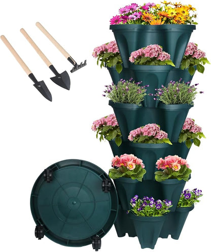 GameXcel Vertical Planter Tower - 6 Tier Stackable Garden Planters with Wheels and Tools Plant Pots for Strawberry Herb Flower and Vegetable Indoor Outdoor Use Green