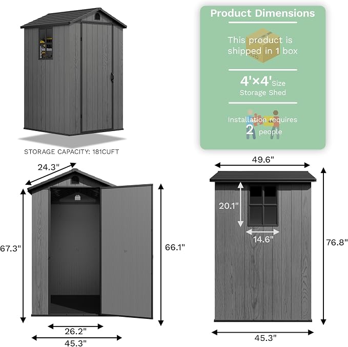 Greesum 4x4FT Plastic Storage Shed with Floor, Resin Outdoor Storaged Sheds with Lockable Door, All Weather Durable Tool Shed with Window and Vent, for Garden, Patio, Yard, Dark Gray