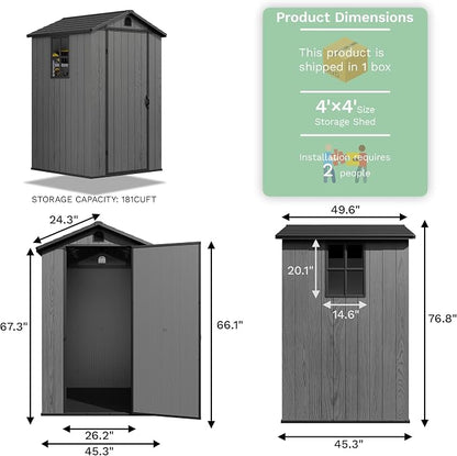 Greesum 4x4FT Plastic Storage Shed with Floor, Resin Outdoor Storaged Sheds with Lockable Door, All Weather Durable Tool Shed with Window and Vent, for Garden, Patio, Yard, Dark Gray