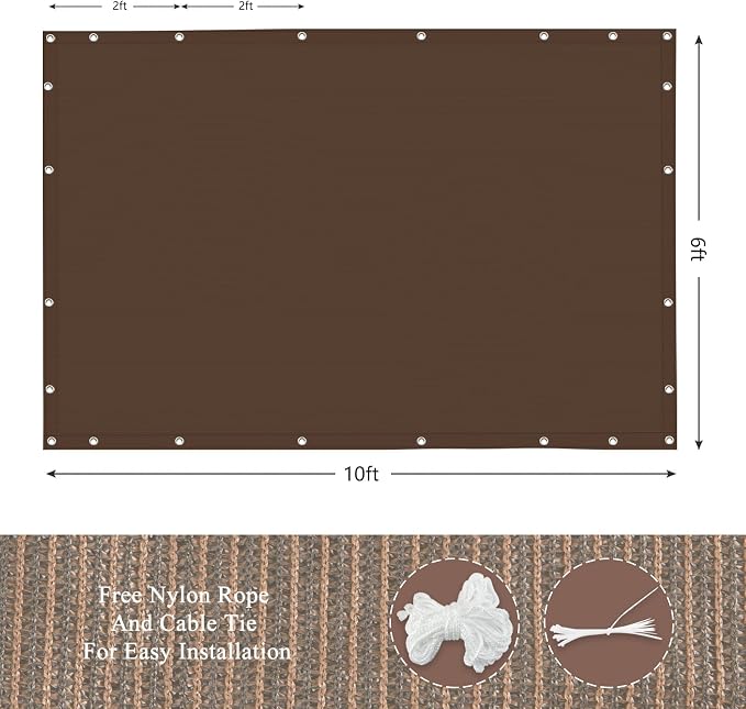 90% Outdoor Sun Shade Cloth, 6' x 10', Pergola, Deck, and Backyard Patio Sunshade with UV Protection, Heat Resistant HDPE Material, Reinforced Grommets (6x10 FT, Brown)