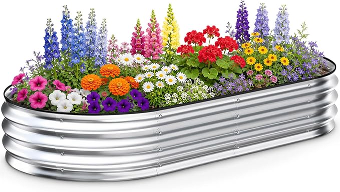 NEWBULIG Galvanized Raised Garden Bed Outdoor, 6x3x1ft Metal Planter Box for Vegetables Flowers Herbs, Heavy-Duty Oval Raised Flower Bed for Gardening, Open Bottom, Easy Assembly, Safe Edges