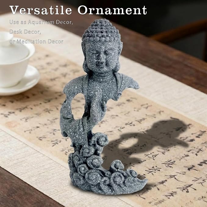 LIYAOLI Sandstone Buddha Statue for Fish Tank Decorations, Aquarium Decor with Auspicious Cloud, Betta Fish Tank Accessories, Zen Monk Sculpture for Home Office Feng Shui, Good Luck Wealth