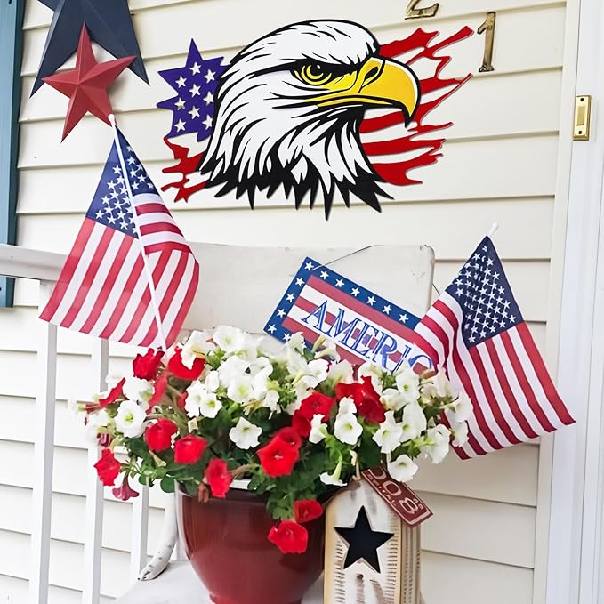 4th of July Independence Day Decor Bald Eagle Metal Wall Art, American Flag Bald Eagle Hanging Sign, Patriotic Decoration for Home Office Living Room Indoor Outdoor(13x7.9 in)