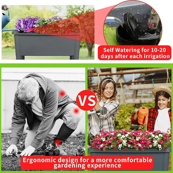 4 Pcs Self Watering Elevated Raised Garden Bed, Large Outdoor Plastic Planter Box Big Flower Plant Pot for Planting Flowers Vegetables and Herbs (4, Dark Grey)