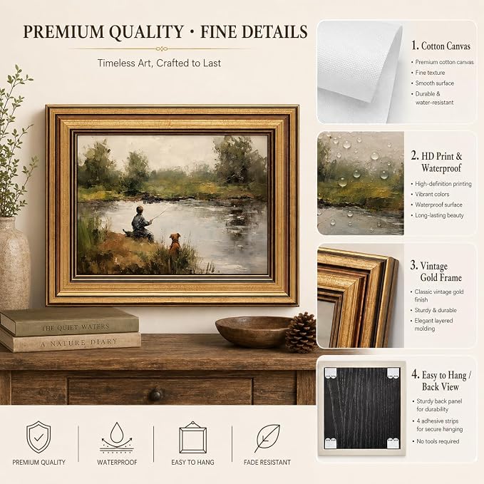 Devunaty Gold Framed Vintage Wall Art Boy Fishing Wall Decor Paintings Funny Dog and Boy Landscape Canvas Print Picture Retro Country Farmhouse Artwork for Kids Bedroom Living Room Decor 16"x24"