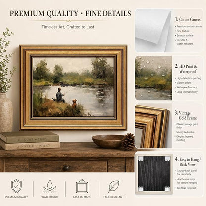Devunaty Gold Framed Vintage Wall Art Boy Fishing Wall Decor Paintings Funny Dog and Boy Landscape Canvas Print Picture Retro Country Farmhouse Artwork for Kids Bedroom Living Room Decor 16"x24"