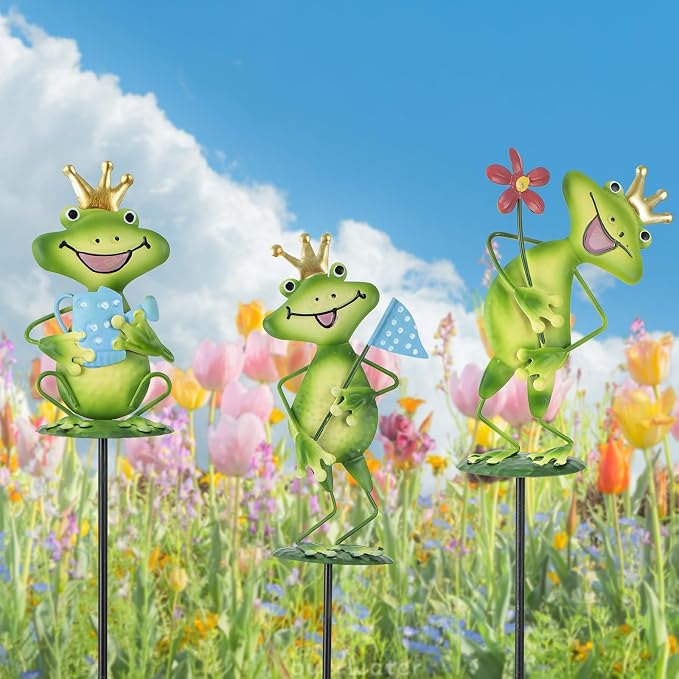 3 Pack Metal Garden Stakes, 21" Frog Garden Stakes for Spring Decor, Metal Yard Art for Outdoor & Outside Lawn Patio Pathway Decoration