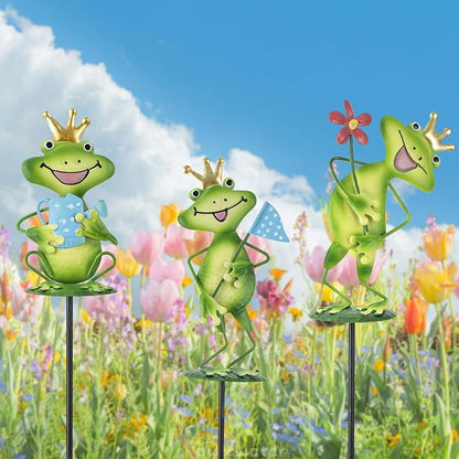 3 Pack Metal Garden Stakes, 21" Frog Garden Stakes for Spring Decor, Metal Yard Art for Outdoor & Outside Lawn Patio Pathway Decoration