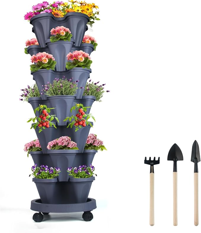 GameXcel Vertical Planter Tower - 7 Tier Stackable Garden Planters with Wheels and Tools Plant Pots for Strawberry Herb Flower and Vegetable Indoor Outdoor Use Dark Gray