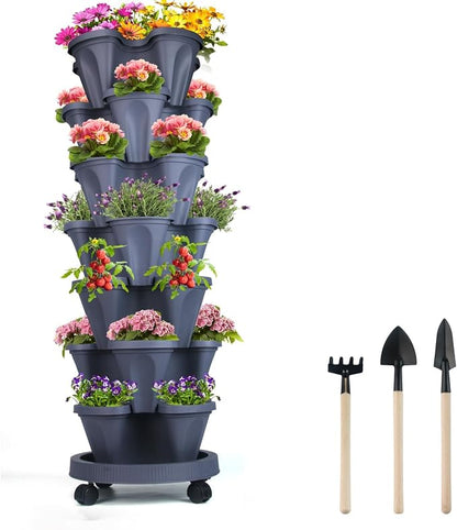 GameXcel Vertical Planter Tower - 7 Tier Stackable Garden Planters with Wheels and Tools Plant Pots for Strawberry Herb Flower and Vegetable Indoor Outdoor Use Dark Gray