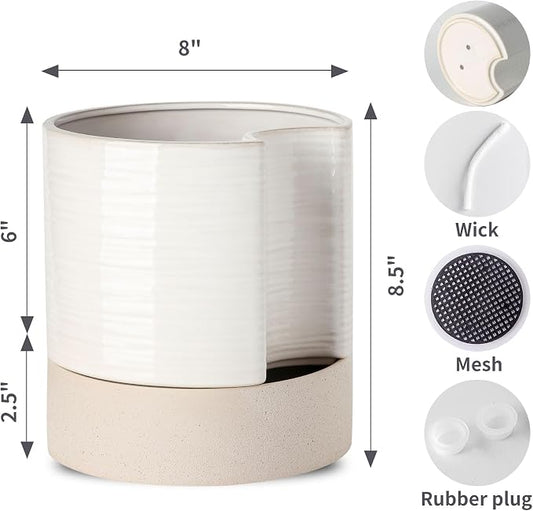 Nihow Ceramic Self Watering Plant Pot for Indoor Plants, 8 Inch,Cream White | Planter with Cotton Wick, Drainage Hole & Water Storage Plus, Cylinder Round Flower Pot, For Succulent/Herbs/Violets
