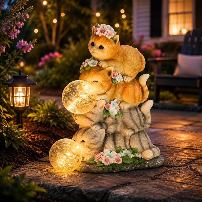 Solar Cat Garden Statue Resin Cat Statue Decor Outdoor with LED Lights for Outside Yard Art Lawn Ornaments Patio, Cat Lovers Gifts