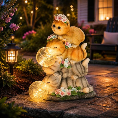 Solar Cat Garden Statue Resin Cat Statue Decor Outdoor with LED Lights for Outside Yard Art Lawn Ornaments Patio, Cat Lovers Gifts