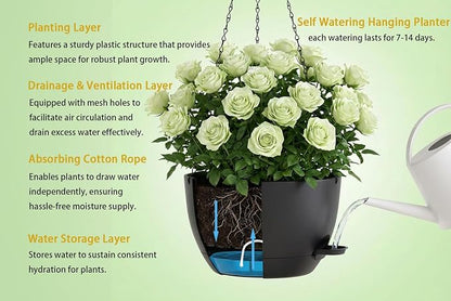 Hanging Planters, 3-Pack 10 Inch Self-Watering Pots with Drainage Holes and Chains, Matte Plastic Planters for Indoor/Outdoor Plant（Black）