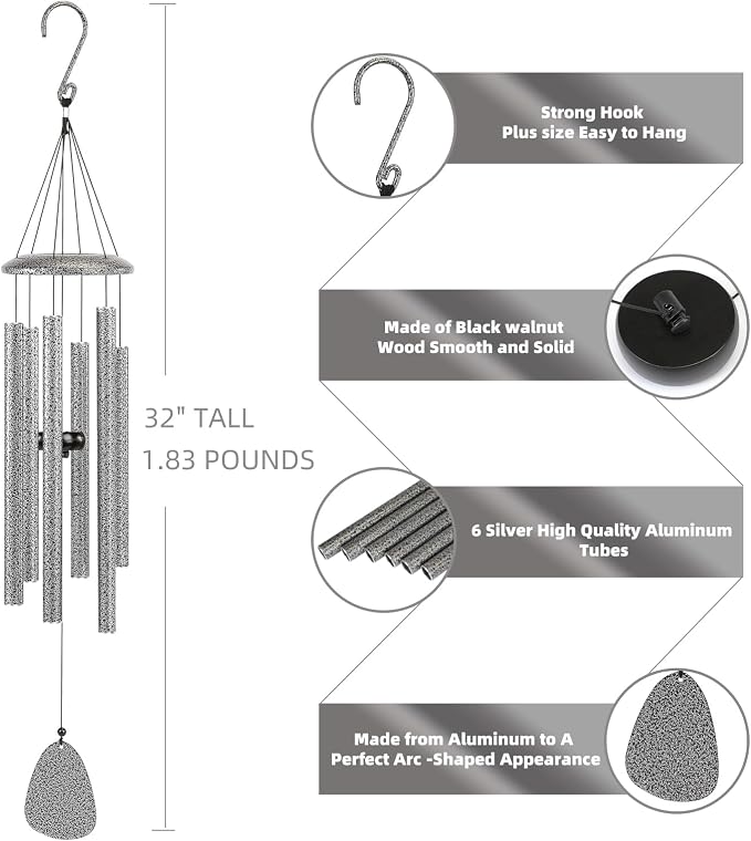 FSVGYY Wind-Chimes-Outdoor-Deep-Tone, Large Soothing Melodic Tones Windchimes, Wind Chimes for Outside, Memorial Wind Chime Best Gift for Mom Women Grandma Neighbors(32" Silver Coated Aluminum)