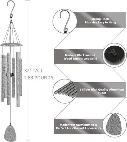 FSVGYY Wind-Chimes-Outdoor-Deep-Tone, Large Soothing Melodic Tones Windchimes, Wind Chimes for Outside, Memorial Wind Chime Best Gift for Mom Women Grandma Neighbors(32" Silver Coated Aluminum)