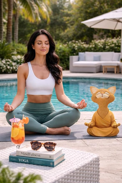 JFSM INC. 12" Whimsical Happy Cat Garden Buddha Statue - Indoor Outdoor Resin Cat Statue - Meditating Animal Sculpture, Mindful Yoga Decor for Patio Yard Lawn Porch