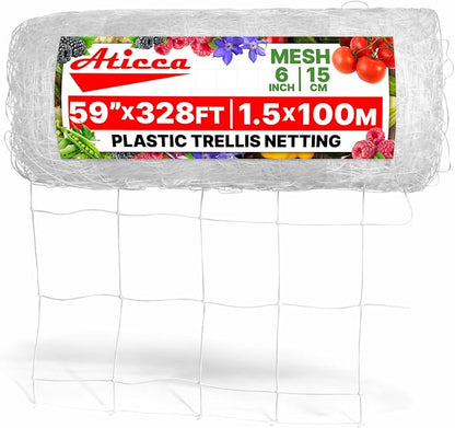 ATICCA Plastic Trellis Netting 59" x 328 ft Heavy Duty Plant Support Netting White - 6 Inch Garden Trellis on Roll - Mesh for Growing Vine Climbing Plants, Flowers, Peas, and Cucumber