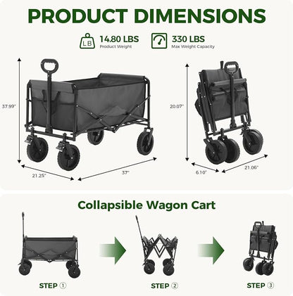 DUMOS Collapsible Wagon Cart, Heavy Duty Foldable Utility Wagon with Lockable Brake Wheels – 330 lbs Capacity, Flexible Handle for Beach, Garden, Sports, Grocery & Camping, Gray