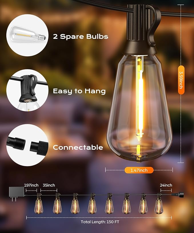 Outdoor String Lights, 150 FT Patio Lights for Outside, Smart App & Remote Control with Timer, Dimmable with 4 Scene Modes, Warm White Waterproof LED Bulbs for Garden, Yard and Backyard Decor