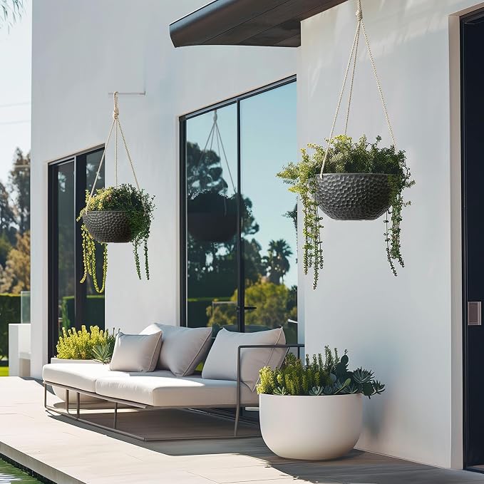 LA JOLIE MUSE Hanging Planters for Indoor Plants, Medium Hanging Planters with Drain Holes, Outdoor Hanging Flower Pots, Matte Black, Honeycomb (10 Inch, Set of 2)