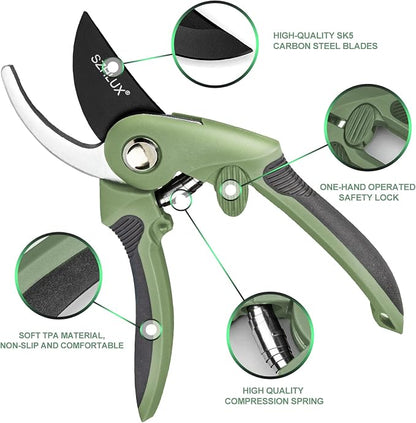 SZHLUX Pruning Shears, Sharp Precision Hand Pruner SK5 Carbon Steel Blades for Garden, Pruning Scissors, 5/8’’ Plant Clippers, Bypass Pruner