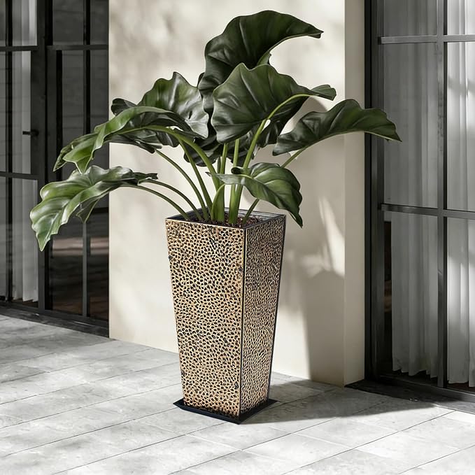 BAYN 2-Pack 24" Tall Metal Planter – Hand-Hammered Textured Large Copper Flower Pots Box with Saucer for Outdoor&Indoor, Garden, Porch, Patio, Yard with Pre-Drilled Drainage Holes