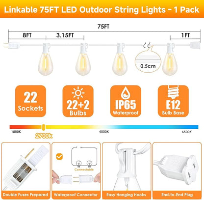 Larkvue 75FT LED Outdoor String Lights S11 Dimmable Patio Light, with 22+2 Waterproof Shatterproof Edison 2700K Bulbs for Porch Garden Wedding, White