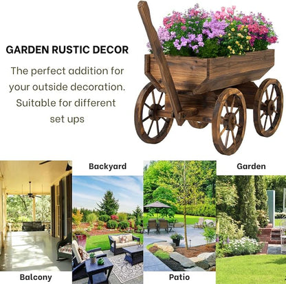 Wood Wagon Planter for Outdoor Balcony Decor - Garden Rustic Wooden Flower Cart with Wheels for Outside - Garden Decor - Amish Decorative Indoor - Wheelbarrow Planter for Patio