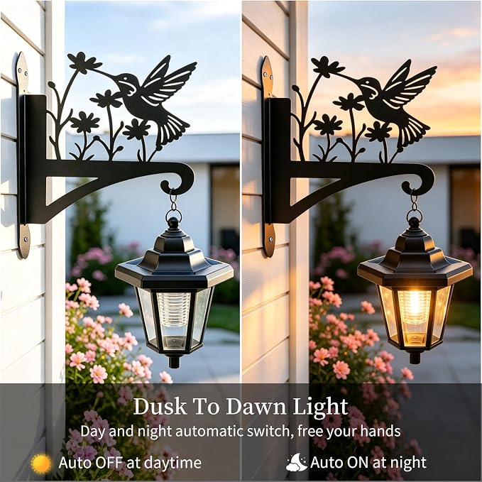 VOOKRY Solar Wall Lanterns Outdoor, Waterproof 2 Pack Hanging Lights with Hummingbird Hooks, Wall Mount Sconce with 3 Solar Panels for Patio Porch Yard Garden Decor, Dusk to Dawn 2700K Warm White