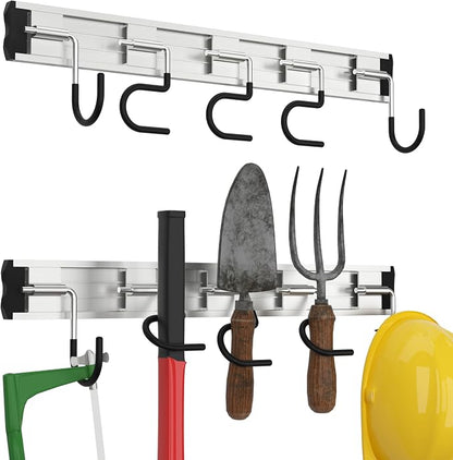 HUPBIPY 34.5'' Aluminum Alloy Garden Tool Organizer Wall Mount Garage Organizers and Storage with Hooks Tool Hangers for Shed Hooks for Shovel, Rake, Broom & More