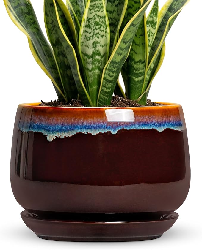9 Inch Flower Pots - Ceramic Planter with Drainage Hole and Saucer, Decorative Ceramic Pots for Indoor Plants, Round Plant Pot, Garden Home Living Room Decor, Housewarming Gifts, Brown-Blue