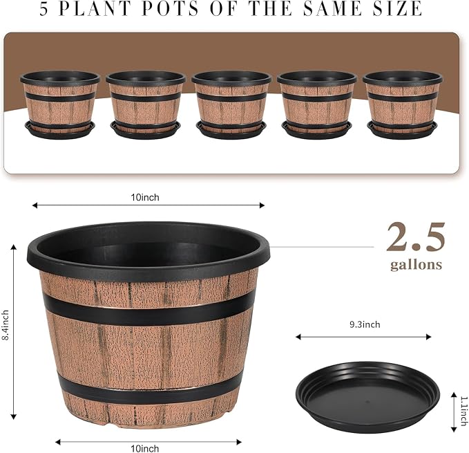 10 Inch Whiskey Barrel Planters with Drainage Holes & Saucer, 5 Pack Plastic Plant Pots with Wine Barrel Design, Flower Pots for Indoor Outdoor Balcony