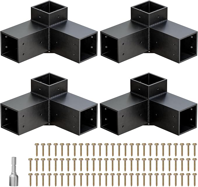 Heavy Duty Pergola Brackets Kit for 4"x 4" (Actual 3.5" X 3.5") Lumber | Anti-rust 3-Way Pergola Bracket with Black Powder Coated, Gazebo Hardware for Patio Backyard Outdoor