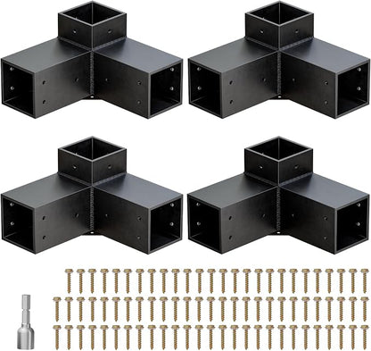 Heavy Duty Pergola Brackets Kit for 4"x 4" (Actual 3.5" X 3.5") Lumber | Anti-rust 3-Way Pergola Bracket with Black Powder Coated, Gazebo Hardware for Patio Backyard Outdoor