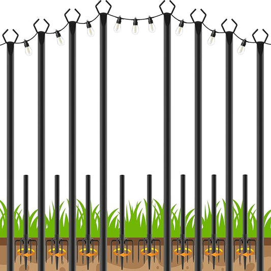 AHRLHR 8 Pack String Light Poles, Outdoor String Light Pole 10 ft Forked Metal Light Pole with Adjustable Outdoor Light Stand, Deck, Backyard, Garden, Wedding, Rustproof and Sturdy with Hooks.