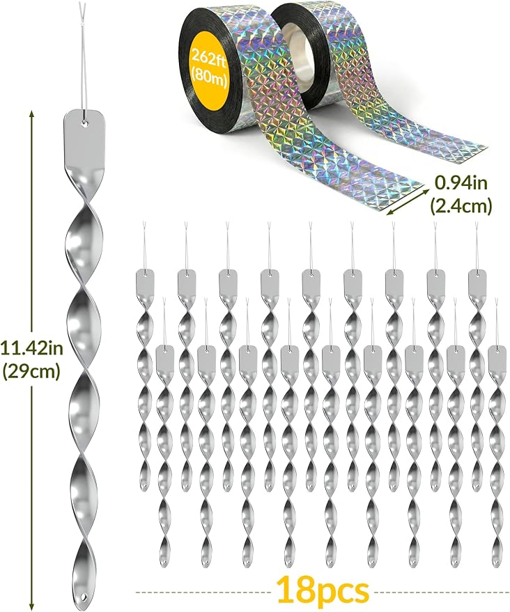 NiHome 20-Pack Spiral Bird Deterrents for Outside, Reflective Rods and Rolls to Safeguard Gardens - 18 PCS Rods & 2 Rolls (262 FT) of Non-Toxic, Waterproof Bird Control Kit