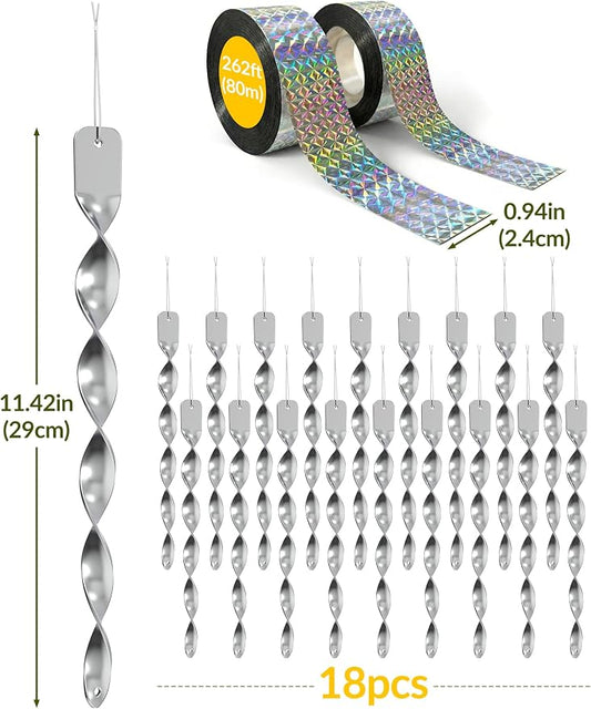 NiHome 20-Pack Spiral Bird Deterrents for Outside, Reflective Rods and Rolls to Safeguard Gardens - 18 PCS Rods & 2 Rolls (262 FT) of Non-Toxic, Waterproof Bird Control Kit